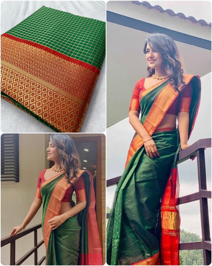 Green Color New Design soft lichi silk golden jari design in All over the body With heavy Jaquard border design Saree South Indian Saree