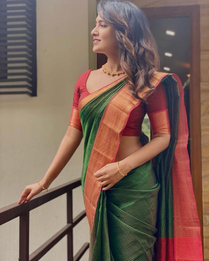 Green Color New Design soft lichi silk golden jari design in All over the body With heavy Jaquard border design Saree South Indian Saree