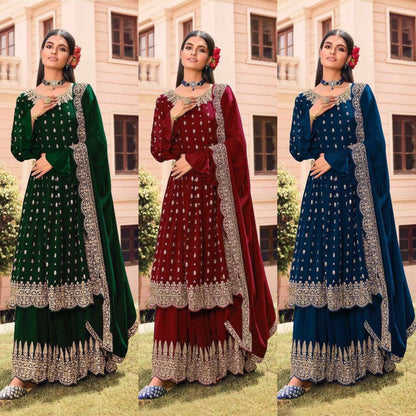 Women's Faux Georgette Semi Stitched Top With Stitched Faux Georgette Bottom and Faux Georgette Dupatta Embroidered Flared Top Dress Material