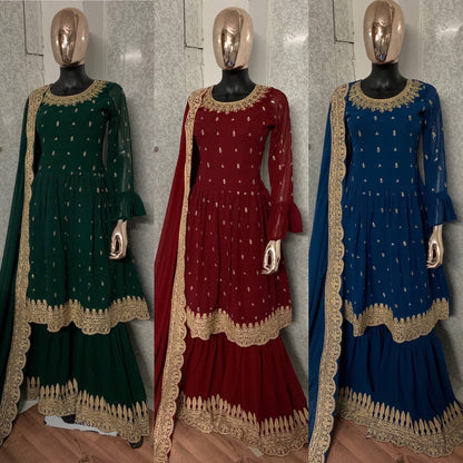 Women's Faux Georgette Semi Stitched Top With Stitched Faux Georgette Bottom and Faux Georgette Dupatta Embroidered Flared Top Dress Material