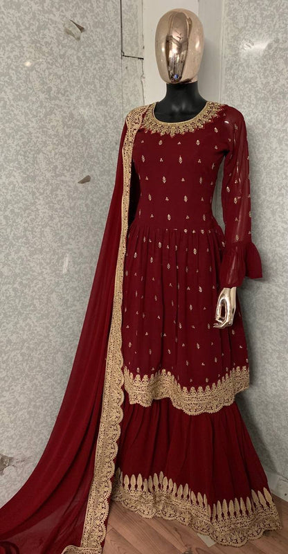 Women's Faux Georgette Semi Stitched Top With Stitched Faux Georgette Bottom and Faux Georgette Dupatta Embroidered Flared Top Dress Material