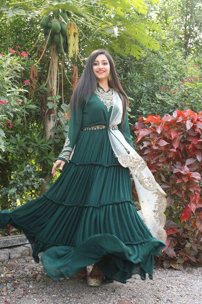 Women's Green Color Full Stitched Faux Georgette Gown with Santoon inner and Net Dupatta Embroidered Gown