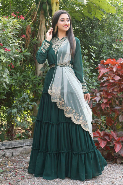Women's Green Color Full Stitched Faux Georgette Gown with Santoon inner and Net Dupatta Embroidered Gown