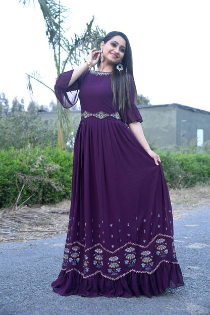 Women's Faux Georgette Stitched Top with Dupatta 3/4 Sleeve Embroidered Pakistani Gown