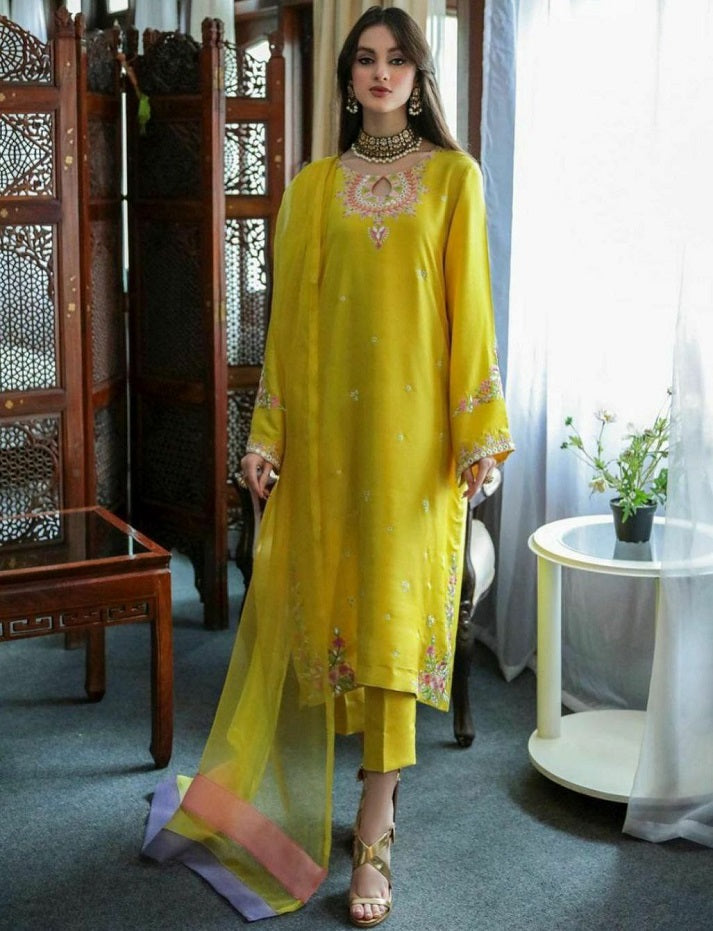 Women's Yellow Faux Georgette Embroidered Straight Kurta Pant Set With Dupatta