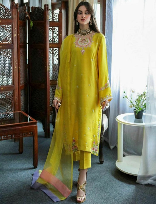 Women's Yellow Faux Georgette Embroidered Straight Kurta Pant Set With Dupatta