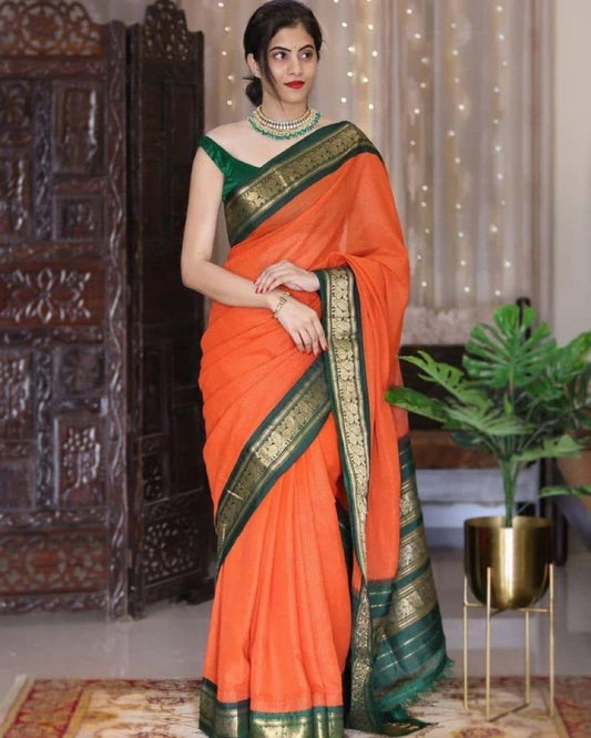 Orange Tussar Silk Banarasi Women's Traditional Style Silk Saree With Attach Unstitched Blouse Piece
