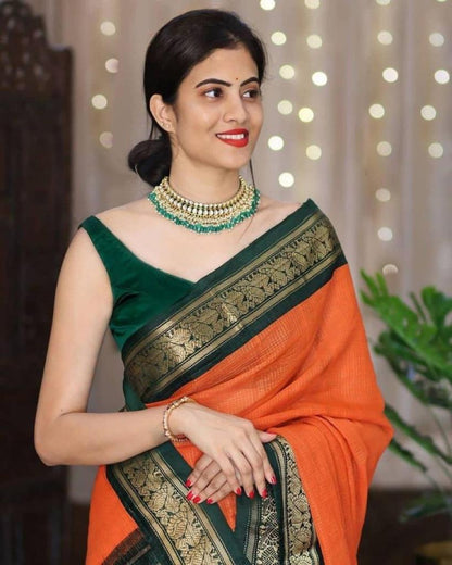 Orange Tussar Silk Banarasi Women's Traditional Style Silk Saree With Attach Unstitched Blouse Piece