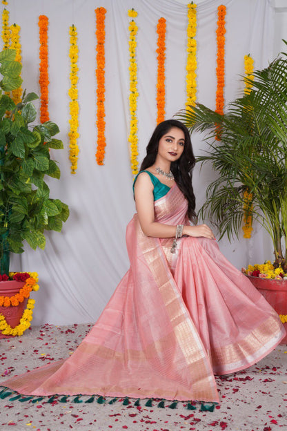 Trending Original Linen CottonSaree  With Heavy Weaving Zari Border & Stitched Blouse