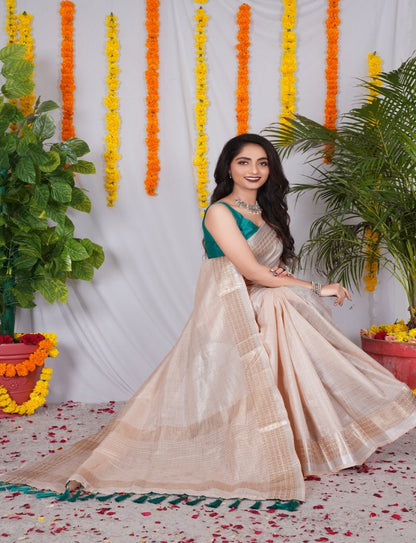 Trending Original Linen CottonSaree  With Heavy Weaving Zari Border & Stitched Blouse