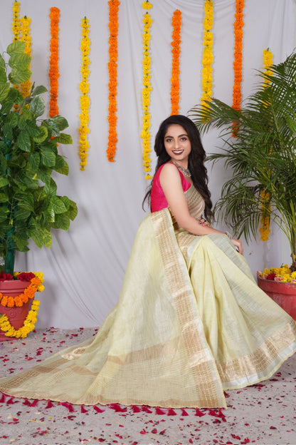Trending Original Linen CottonSaree  With Heavy Weaving Zari Border & Stitched Blouse