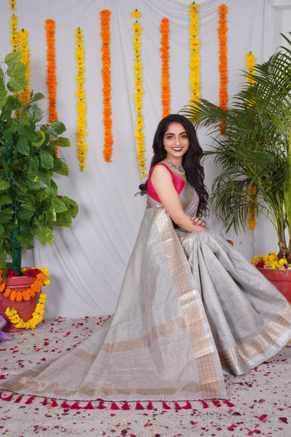 Trending Original Linen CottonSaree  With Heavy Weaving Zari Border & Stitched Blouse