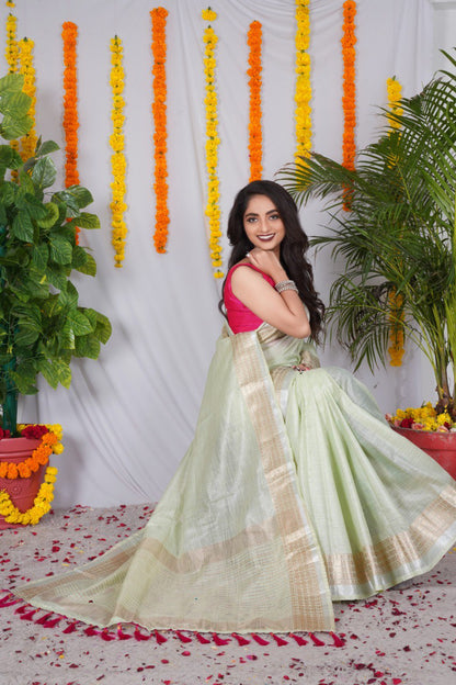 Trending Original Linen CottonSaree  With Heavy Weaving Zari Border & Stitched Blouse