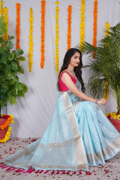 Trending Original Linen CottonSaree  With Heavy Weaving Zari Border & Stitched Blouse