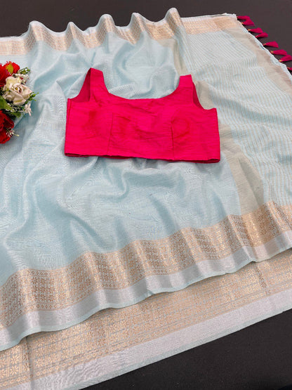 Trending Original Linen CottonSaree  With Heavy Weaving Zari Border & Stitched Blouse