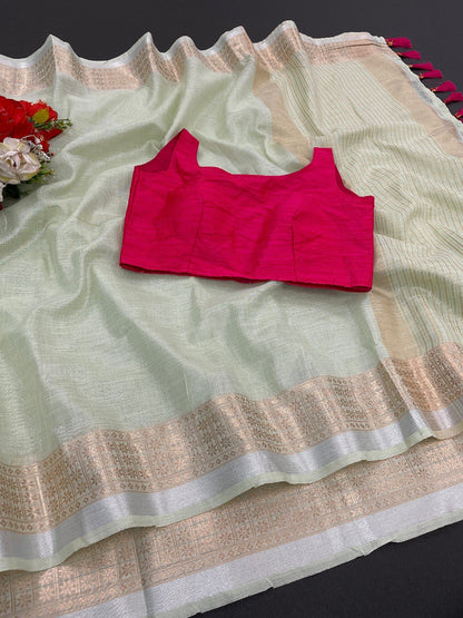Trending Original Linen CottonSaree  With Heavy Weaving Zari Border & Stitched Blouse