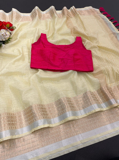 Trending Original Linen CottonSaree  With Heavy Weaving Zari Border & Stitched Blouse