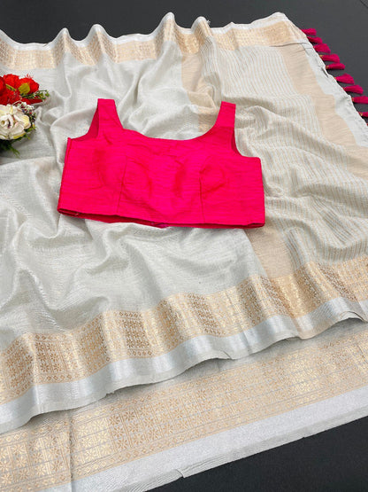Trending Original Linen CottonSaree  With Heavy Weaving Zari Border & Stitched Blouse