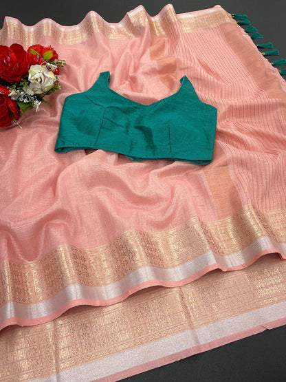 Trending Original Linen CottonSaree  With Heavy Weaving Zari Border & Stitched Blouse