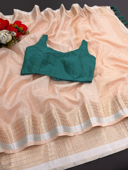 Trending Original Linen CottonSaree  With Heavy Weaving Zari Border & Stitched Blouse