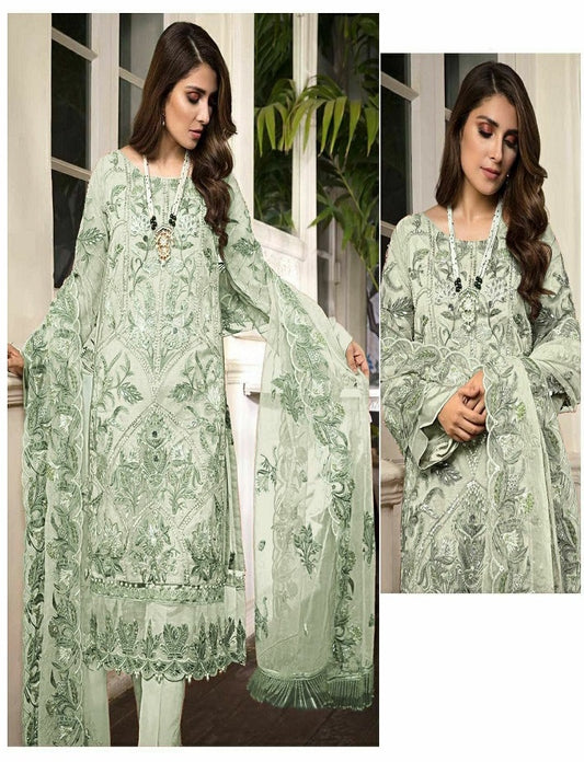 Women's Faux Georgette Semi Stitched Top With Santoon Unstitched Bottom and Net Dupatta Embroidery work Dress Material
