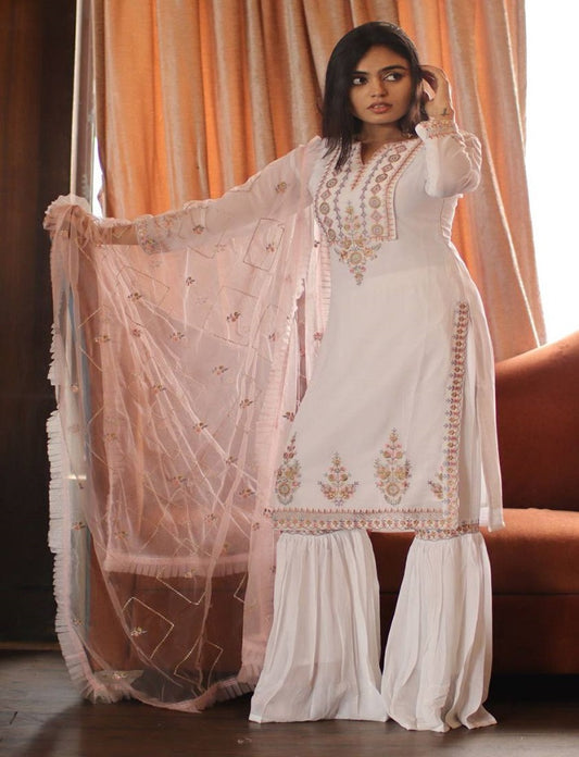Women's White Faux Georgette Stitched Top with Stitched Faux Georgette Bottom and Net Dupatta Full Sleeve Embroidered Straight Kurta