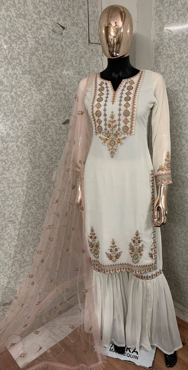 Women's White Faux Georgette Stitched Top with Stitched Faux Georgette Bottom and Net Dupatta Full Sleeve Embroidered Straight Kurta