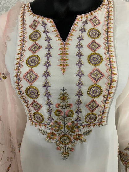 Women's White Faux Georgette Stitched Top with Stitched Faux Georgette Bottom and Net Dupatta Full Sleeve Embroidered Straight Kurta