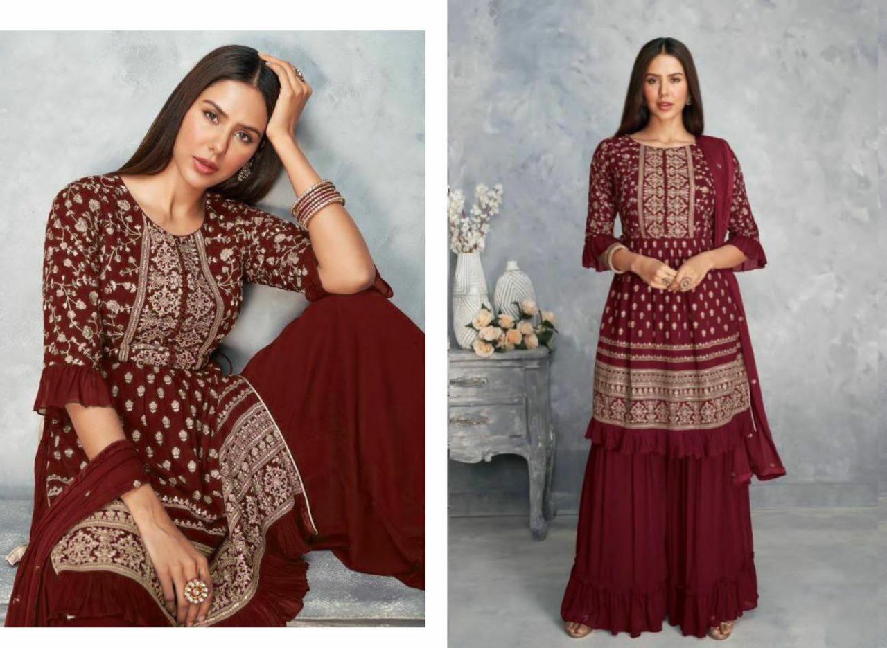 WOMEN'S MAROON COLOR FAUX GEORGETTE EMBROIDERED READYMADE KURTA SHARARA AND DUPATTA SET (FULL STITCHED )