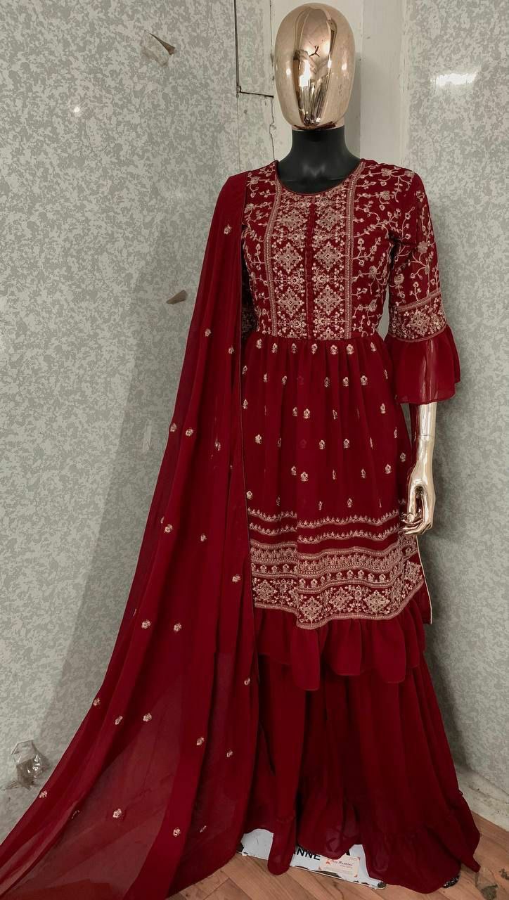 WOMEN'S MAROON COLOR FAUX GEORGETTE EMBROIDERED READYMADE KURTA SHARARA AND DUPATTA SET (FULL STITCHED )