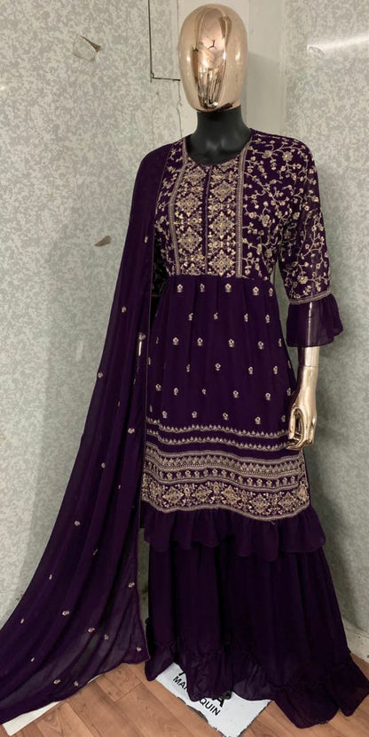 WOMEN'S MAROON COLOR FAUX GEORGETTE EMBROIDERED READYMADE KURTA SHARARA AND DUPATTA SET (FULL STITCHED )