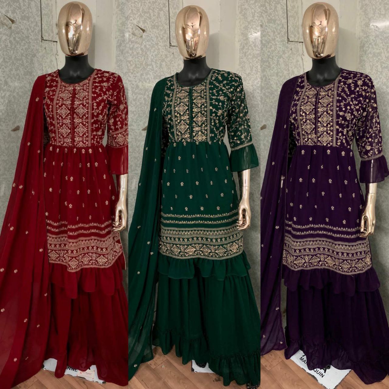 WOMEN'S MAROON COLOR FAUX GEORGETTE EMBROIDERED READYMADE KURTA SHARARA AND DUPATTA SET (FULL STITCHED )