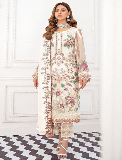 Women's Off White Faux Georgette Semi Stitched Top With Unstitched Santoon Bottom and Net Dupatta Embroidered Straight Top Dress Material