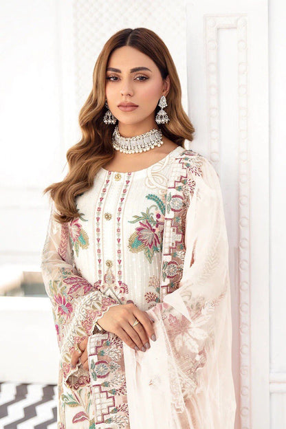 Women's Off White Faux Georgette Semi Stitched Top With Unstitched Santoon Bottom and Net Dupatta Embroidered Straight Top Dress Material