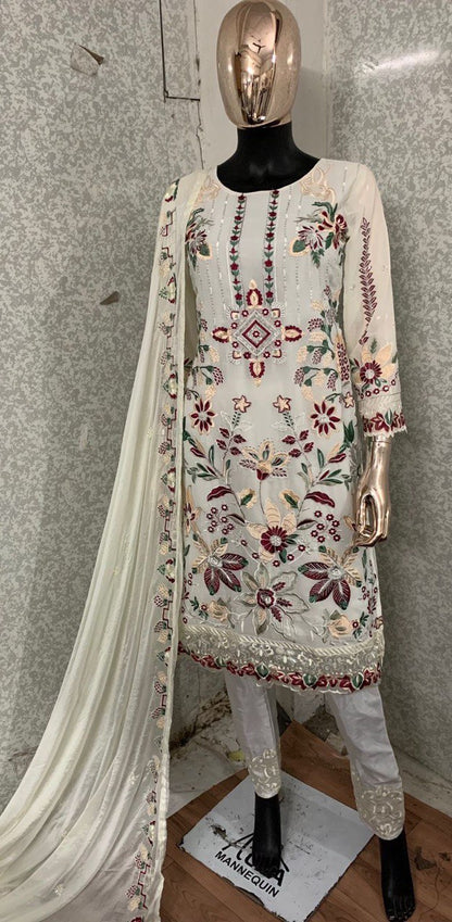 Women's Off White Faux Georgette Semi Stitched Top With Unstitched Santoon Bottom and Net Dupatta Embroidered Straight Top Dress Material