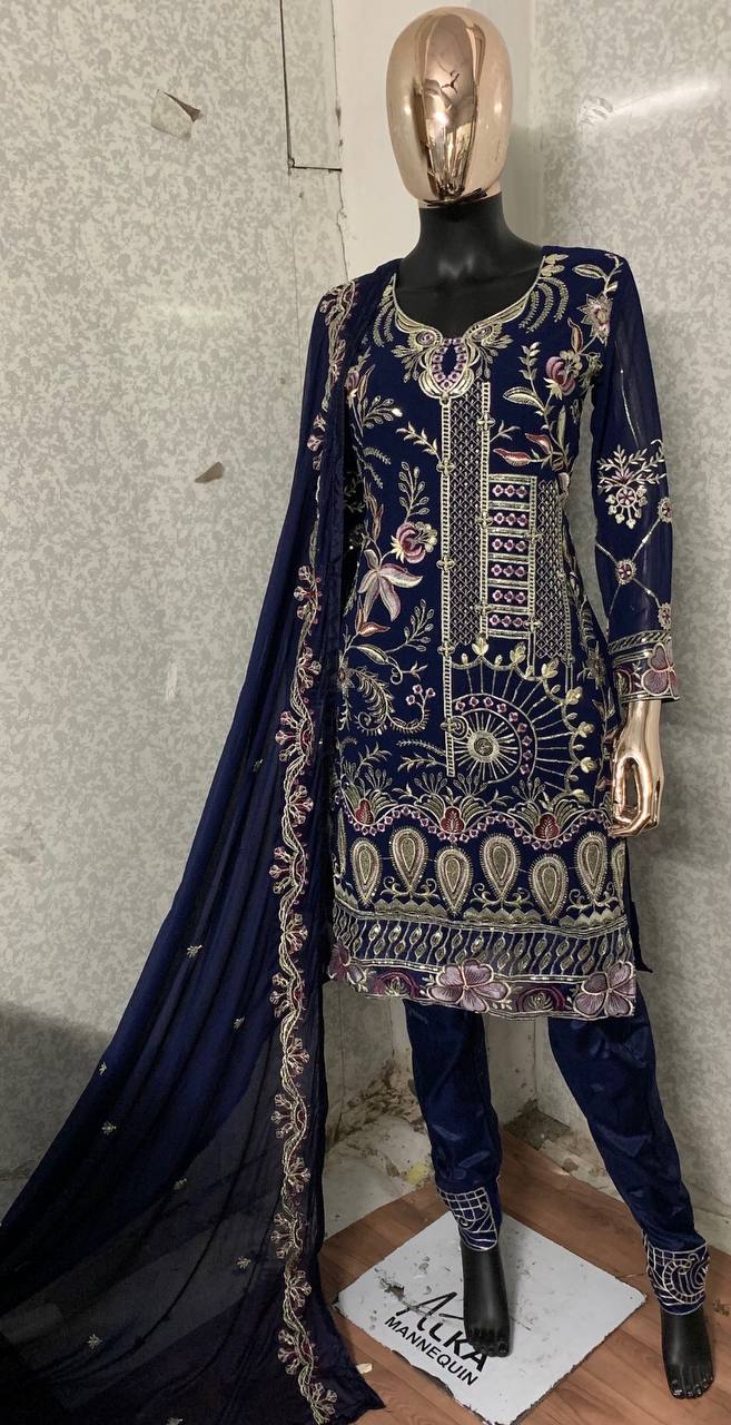NAVY BLUE PAKISTANI WEDDING COLLECTION FAUX GEORGETTE FABRIC WITH EMBROIDERY WORK SEMI STITCHED SALWAR KAMEEZ SUIT