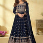 Women's Dark Blue Faux Georgette Stitched Top with Bottom and Faux Georgette Dupatta Full Sleeve Embroidered Anarkali Gown