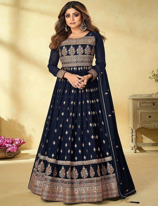Women's Dark Blue Faux Georgette Stitched Top with Bottom and Faux Georgette Dupatta Full Sleeve Embroidered Anarkali Gown