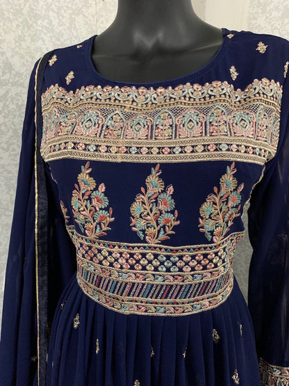 Women's Dark Blue Faux Georgette Stitched Top with Bottom and Faux Georgette Dupatta Full Sleeve Embroidered Anarkali Gown