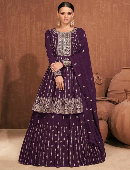Women's Purple Faux Georgette Stitched Top With Stitched Faux Georgette Bottom and Nazmin Dupatta Full Sleeve Embroidered A-line Top