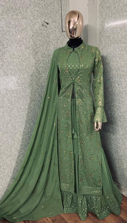 Women's Faux Georgette  Attractive Stylish Lehenga set with Stylish Jacket and Dupatta Embroidered Lehenga Choli Set with Dupatta and Jacket