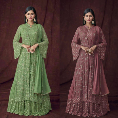 Women's Faux Georgette  Attractive Stylish Lehenga set with Stylish Jacket and Dupatta Embroidered Lehenga Choli Set with Dupatta and Jacket