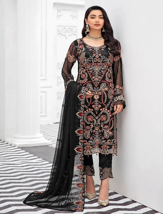 Black Pakistani Salwar Kameez Ready Made Designer Satin Silk Georgette Embroidered Shalwar Kameez With Dupatta