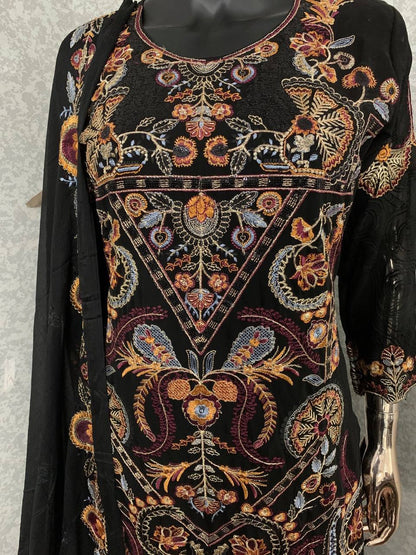 Black Pakistani Salwar Kameez Ready Made Designer Satin Silk Georgette Embroidered Shalwar Kameez With Dupatta