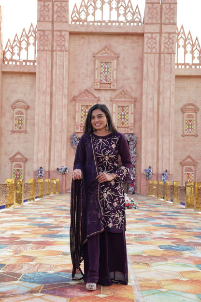 Women's Purple Color Full Stitched Faux Georgette Top and Palazzo with Santoon Inner and Nazmin Dupatta Embroidered Kurta Palazzo Set