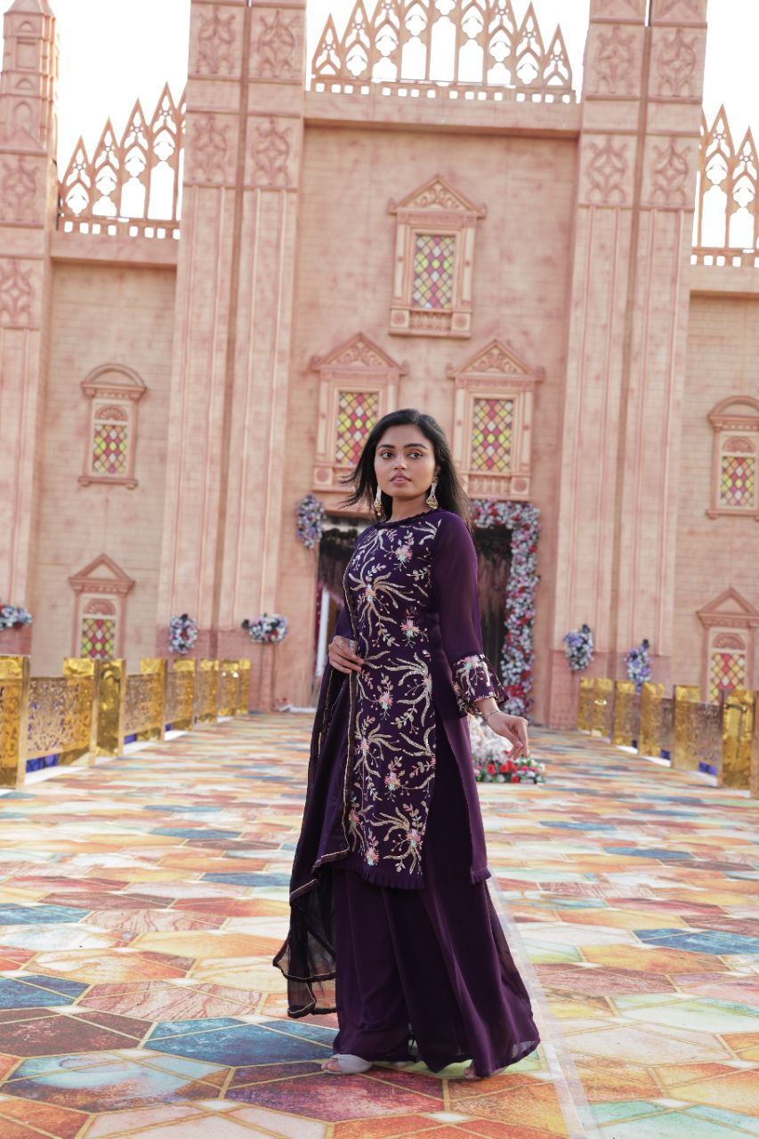 Women's Purple Color Full Stitched Faux Georgette Top and Palazzo with Santoon Inner and Nazmin Dupatta Embroidered Kurta Palazzo Set
