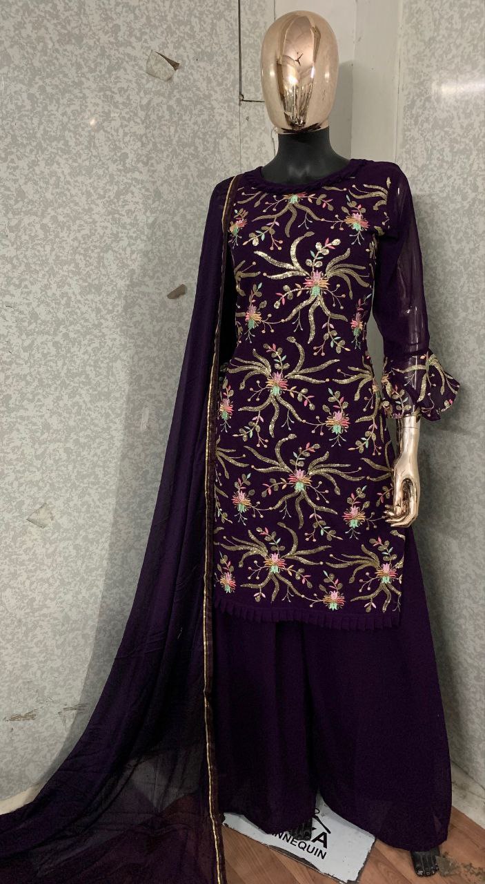 Women's Purple Color Full Stitched Faux Georgette Top and Palazzo with Santoon Inner and Nazmin Dupatta Embroidered Kurta Palazzo Set