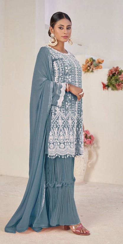 Light Colors Faux Georgette Stitched Top with Stitched Faux Georgette Bottom and Nazmin Dupatta Full Sleeve Embroidered Straight Kurta (Kurta Palazzo Set