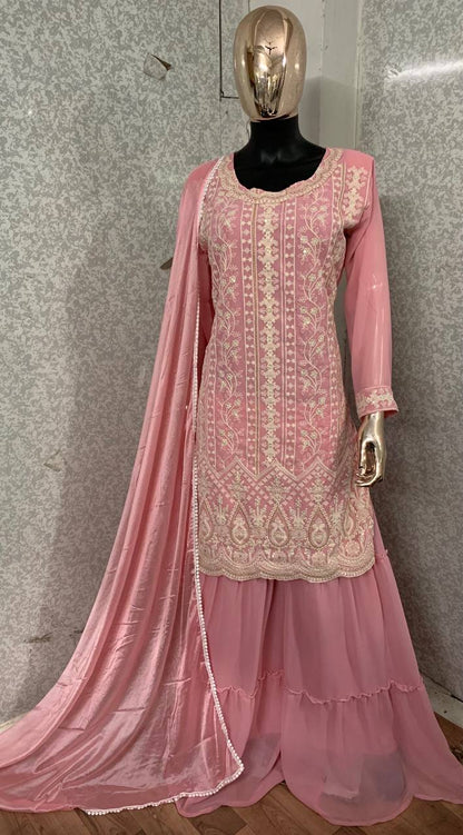 Light Colors Faux Georgette Stitched Top with Stitched Faux Georgette Bottom and Nazmin Dupatta Full Sleeve Embroidered Straight Kurta (Kurta Palazzo Set