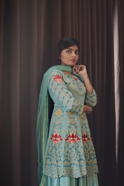 Sea Blue Faux Georgette Stitched Top With Stitched Faux Georgette Bottom and Net Dupatta Full Sleeve Embroidered A-line Top